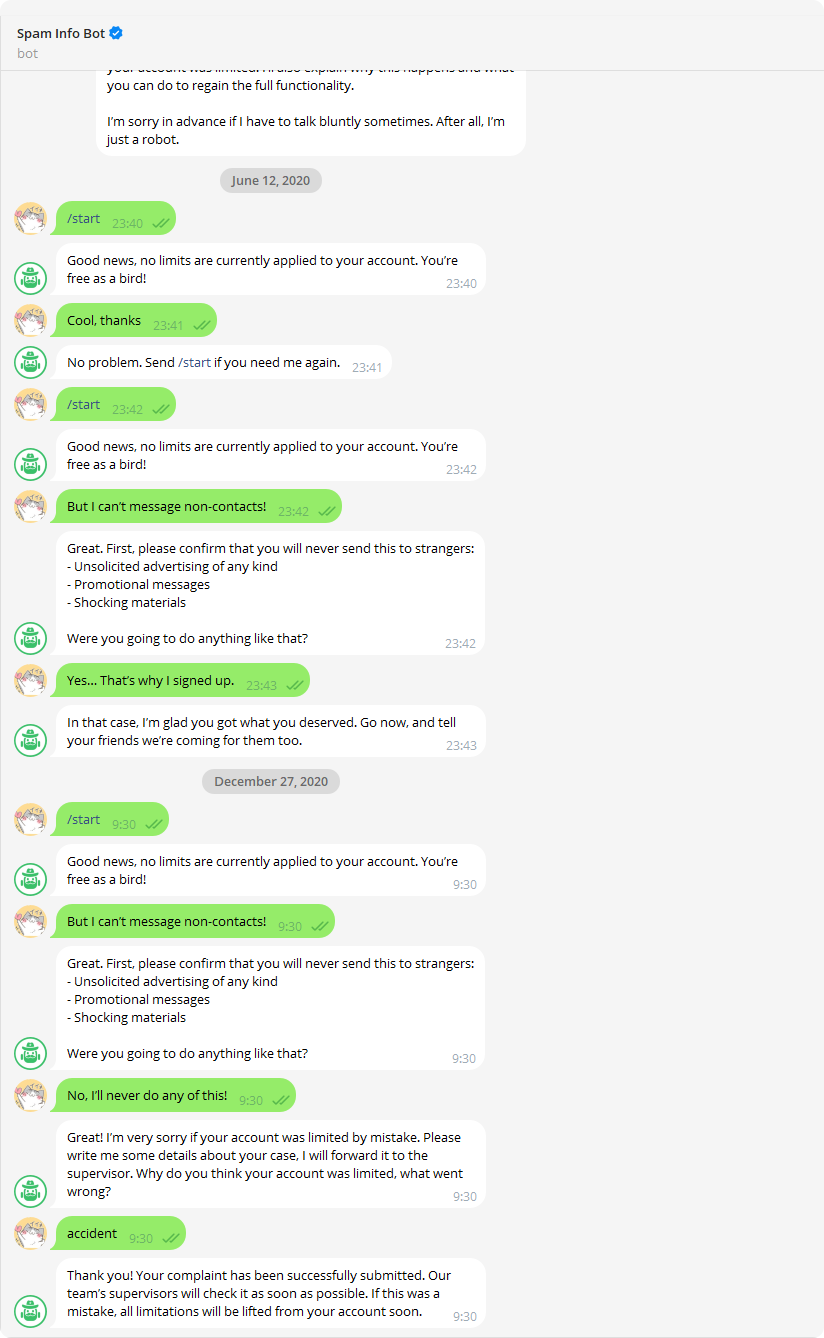 Spam Info Bot：telegram官方问题反馈机器人，解除账户限制